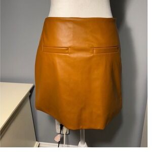 A New Day Cognac Brown Faux Leather Mini Skirt Size 6 Side Zip Tailored Lined